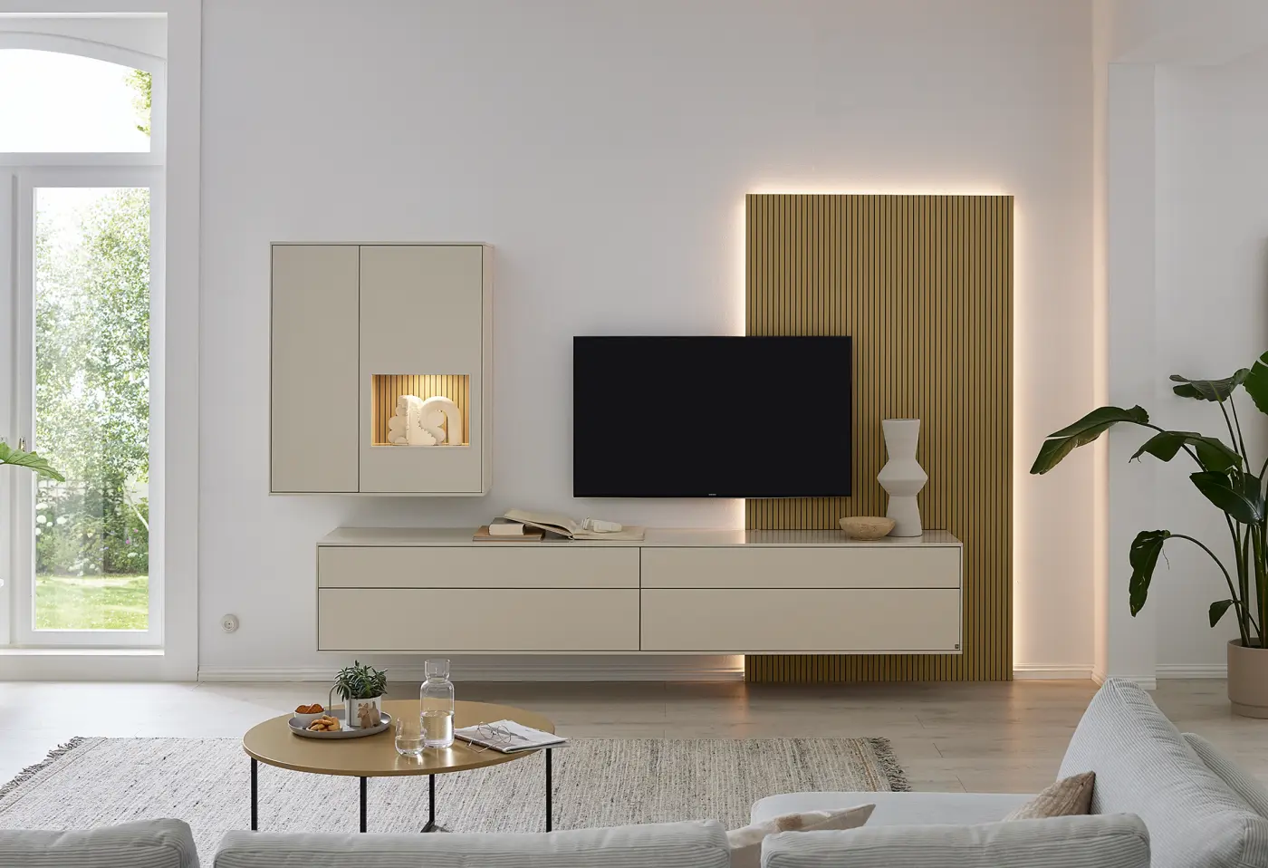 Wohnwand MR Kara Frame Lack seidengrau, Lack macchiata von Musterring ca. 324,7x217,3x49,5cm