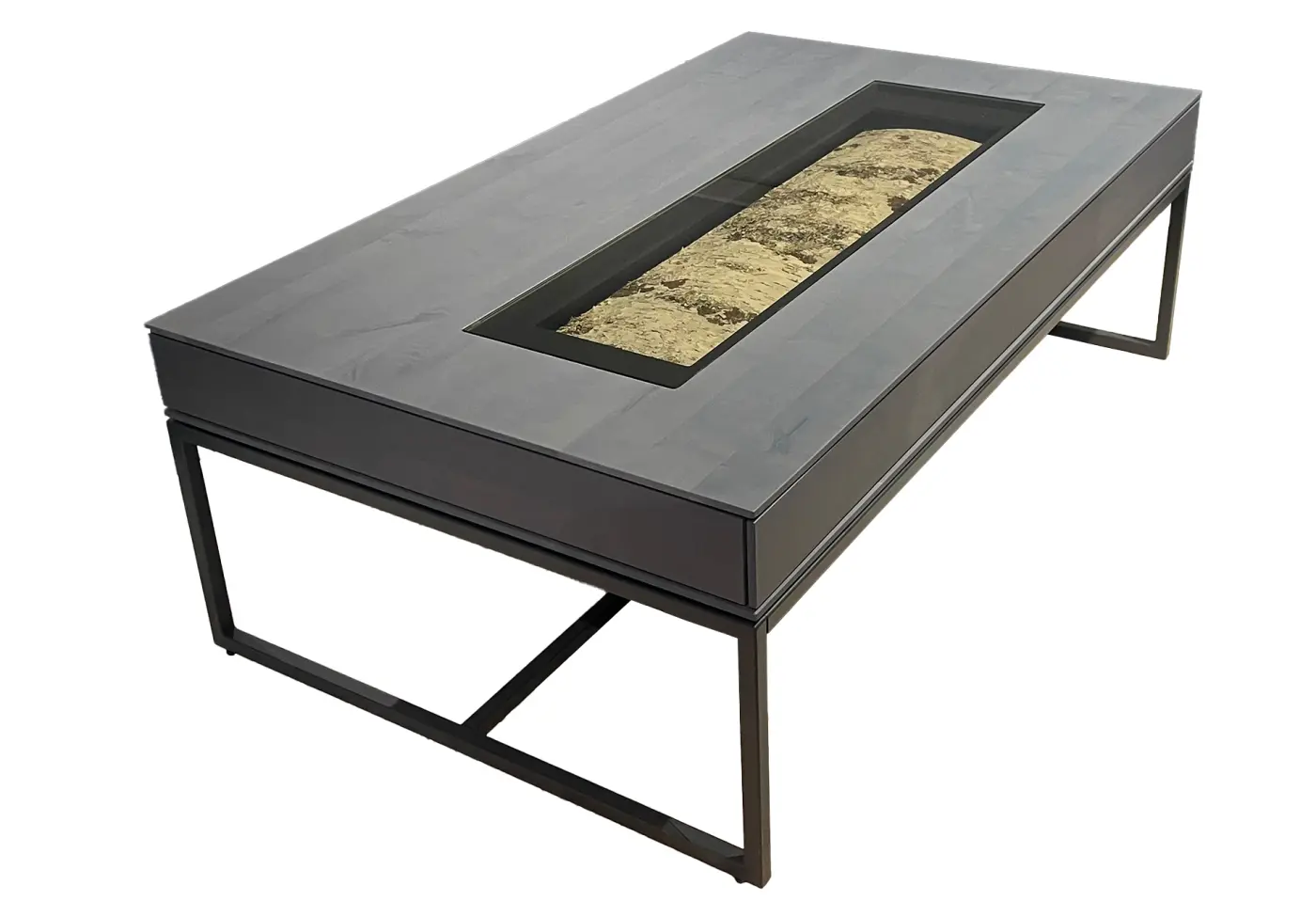 Couchtisch Altwis Kernbirke Harmaa massiv, Applikation Birkenrinde, Glasabdeckung ca. 125x43x75cm