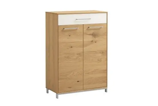 Schuhschrank Vellerat Eiche teilmassiv, Balkeneiche furniert, Mattglas weiss ca. 71x105x37cm