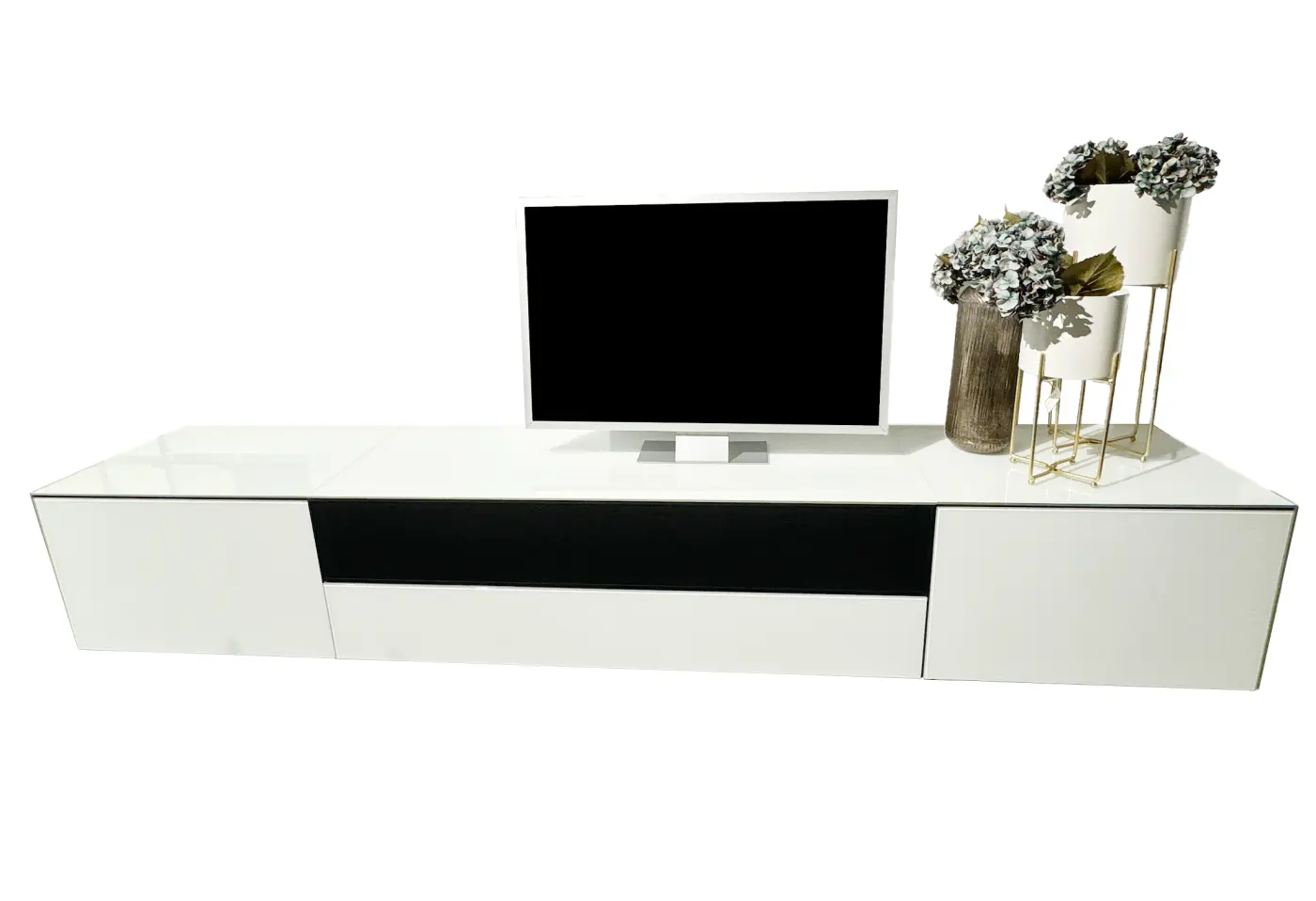 TV-Möbel 6661.6 Weissglas, Perforation schwarz ca. 260x40cm