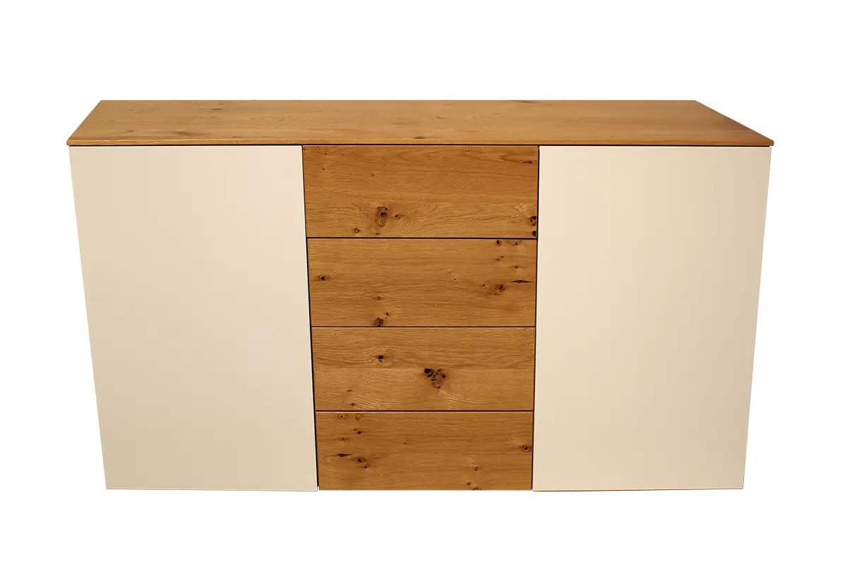 Kommode 3784.49.. Wildeiche furniert natur lackiert, RAL 9003 matt lackiert ca. 150x79x41cm