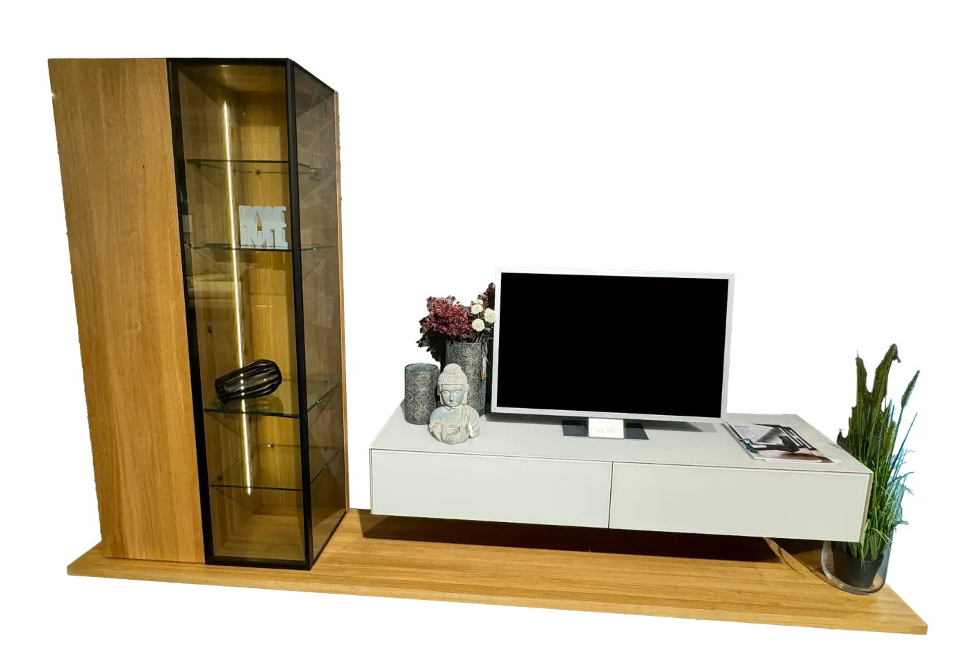 Wohnwand 8159.2.. Farbglas WN naturweiss matt EI-N Eiche Naturöl / PG5, Gestaltungselement RG Rauchglas