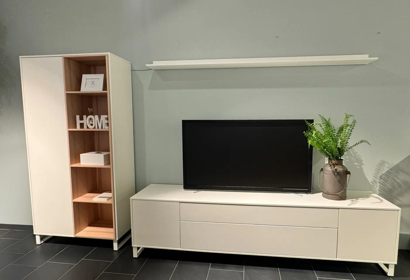 Wohnwand Vogelsang Lack weiss, Kristallbuche Dekor ca. 333,2x190,9x49,5cm