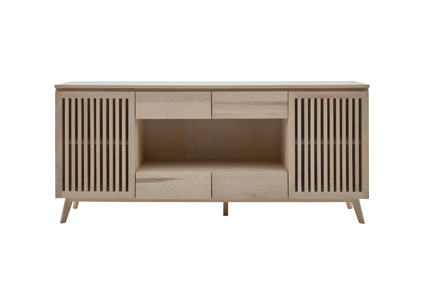 Sideboard Roomio No. 2000 von Roomio Korpus Esche Echtholzfurnier weiss gewaschen, Front Esche massiv weiss gewaschen, Türfüllungen hinterlegt mit Klarglas ca. 180x80x40cm