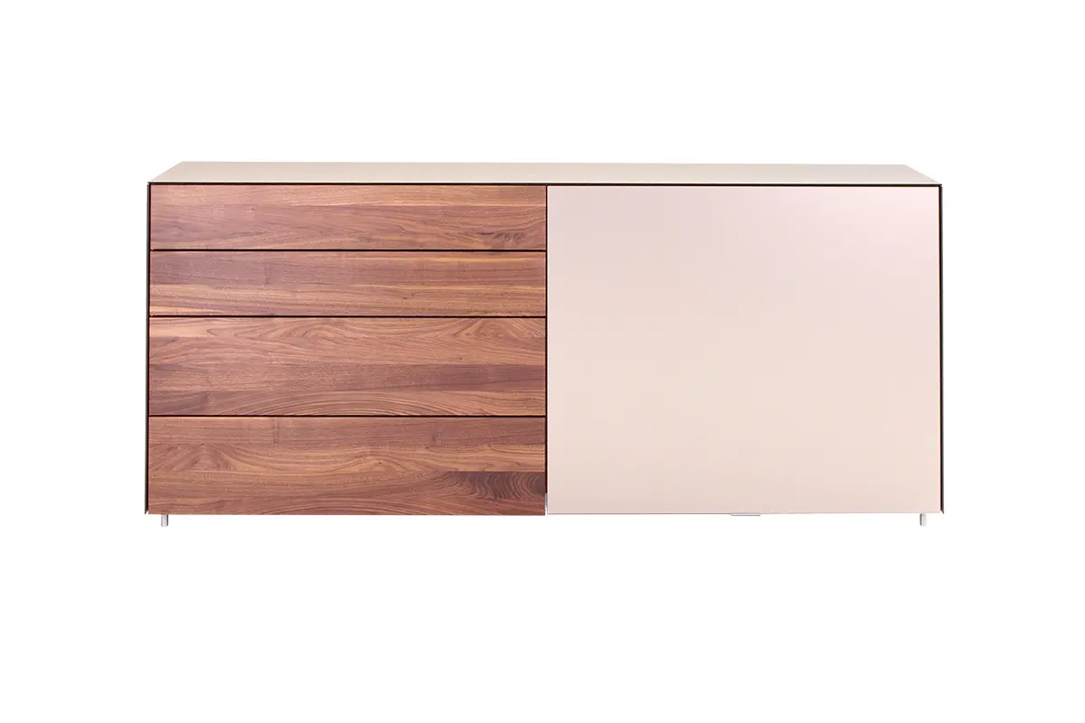 Anrichte 29 Cubus Pure von Team 7 Aussen/Innen: Nussbaum/Buche Korpus: Farbglas bronze matt/Nussbaum ca. 201,2x85,4x41,9cm