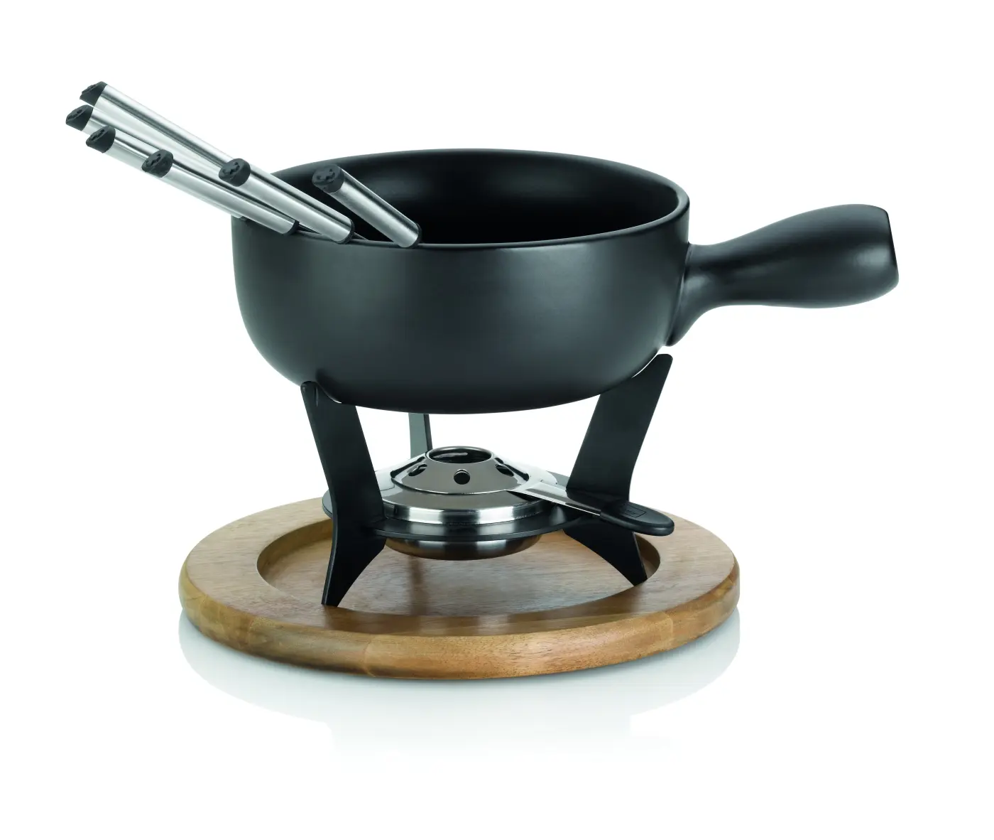 Käsefondue-Set 16640 Schwarz, braun von Kela Caquelon: Keramik, Rechaud: schwarzem Metall, Teller: Akazienholz