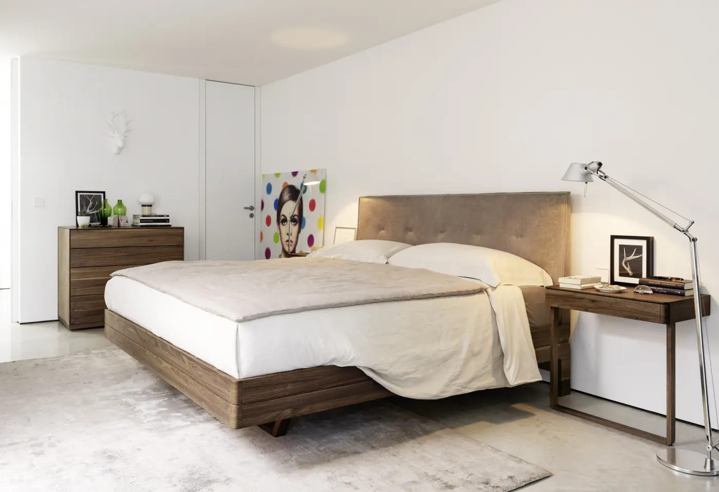 Bett Float von Team 7 Kopfhaupt Echtleder Umbra Nussbaum Naturöl ca. 180x200cm