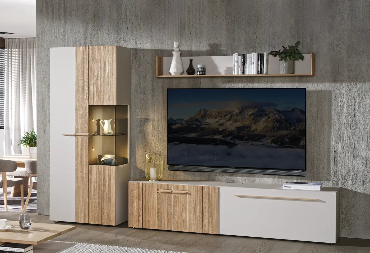 Wohnwand Caitara living Kaschmirgau von Voglauer Wildeiche rustiko schwarz geölt ca. 304x194x44,2cm