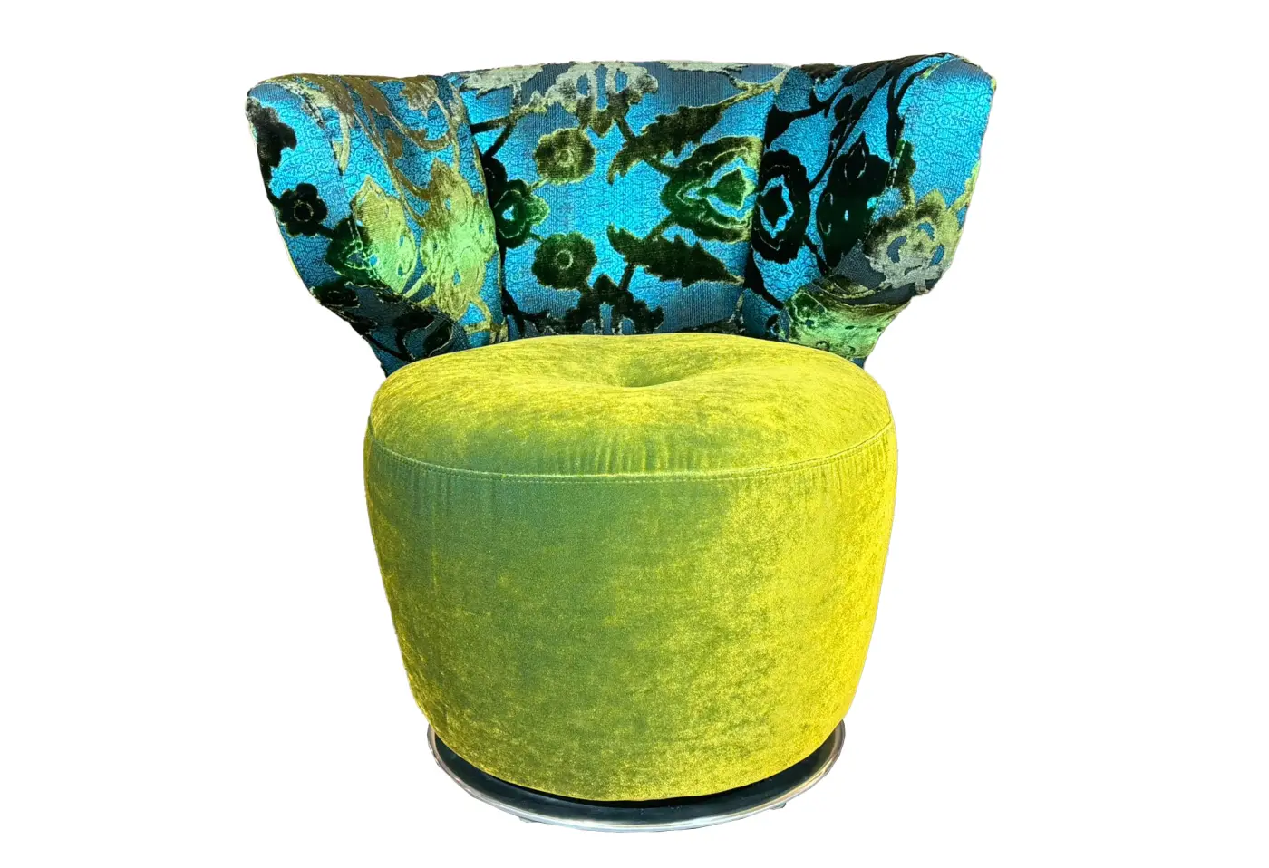 Drehsessel Croissant Bezug: Velours midsummer oliv, Rücken vorne Arabesk türkis, Rücken hinten Velours midsummer oliv, Knöpfe Velours midsummer oliv von Bretz ca. 81cm