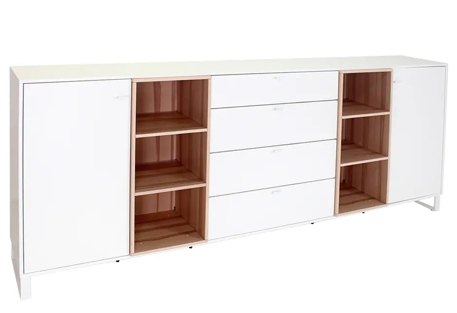 Sideboard Vogelsang Lack weiss, Nische Kristallbuche Dekor ca. 243,2x102,9x41,5cm