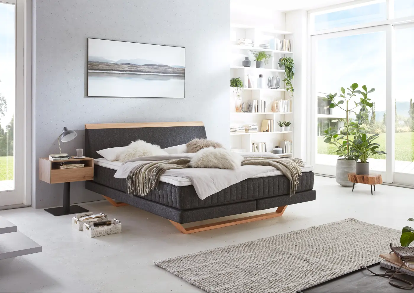 Boxspringbett 18530.1.. Stoff, Aluminium, Eiche natur ca. 180x200cm