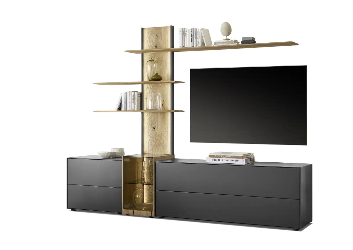 Wohnwand MR Trevio 7250 von Musterring Lack anthrazit, Kerneiche ca. 267x207x51cm