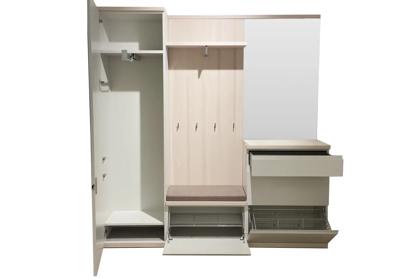 Garderobe Visp Lack seidengrau Klarglas, ca. 210x219x39,6cm