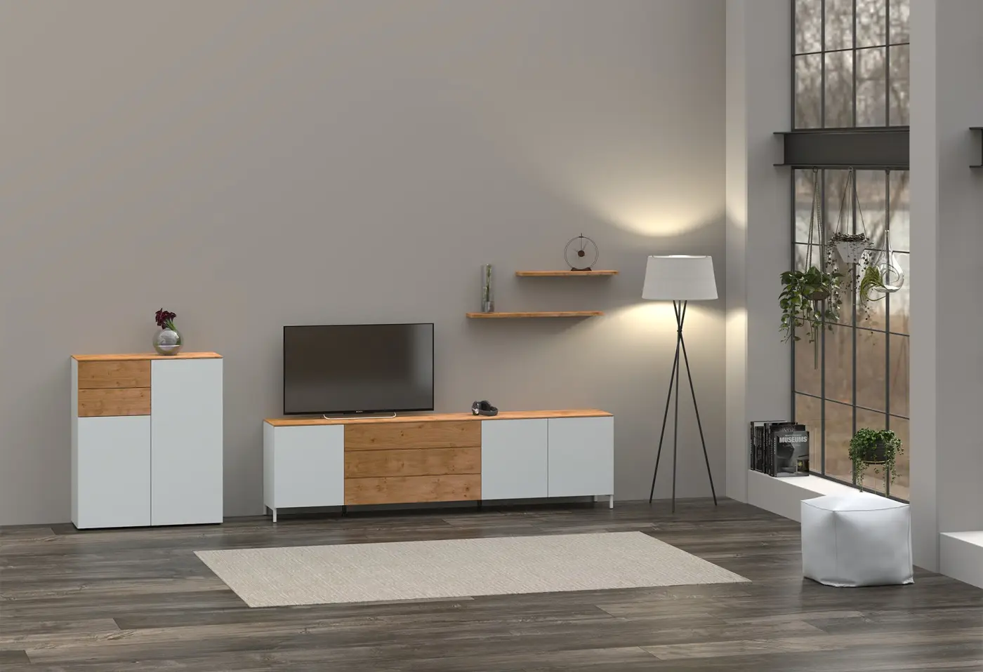 Highboard 3784.34.. Korpus und Türen: Lack "signalweiss" Abdeckplatte und Schubladen: Wildeiche furniert ca. 100x118x41cm