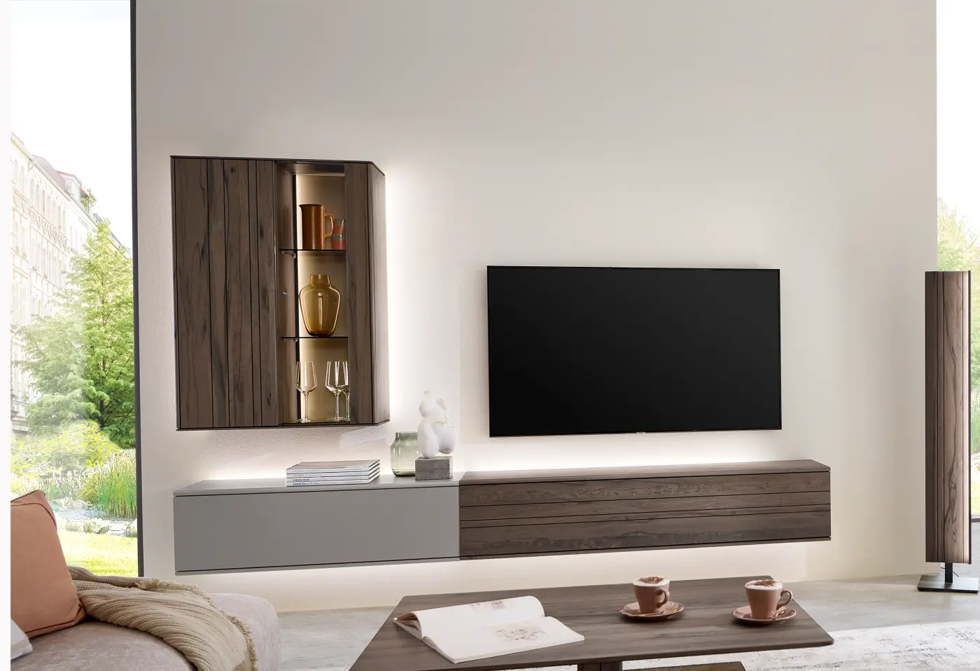 Wohnwand Augio Lack sand Altholzbuche Uyaa massiv ca. 288x205x41cm