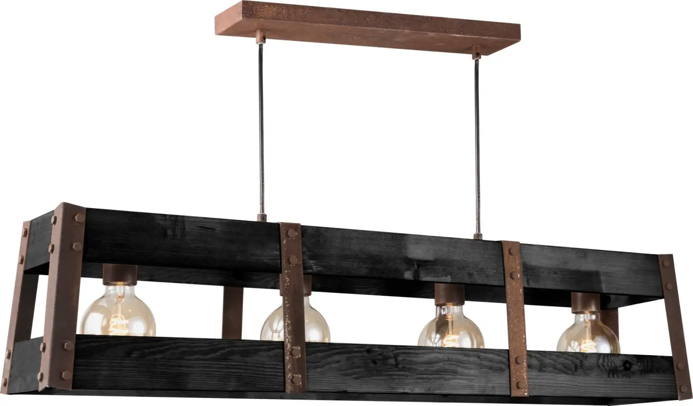 Pendelleuchte 17303.. Schwarz, dunkel braun rostiges Metall, verbranntes Kieferholz ca. 90x20cm