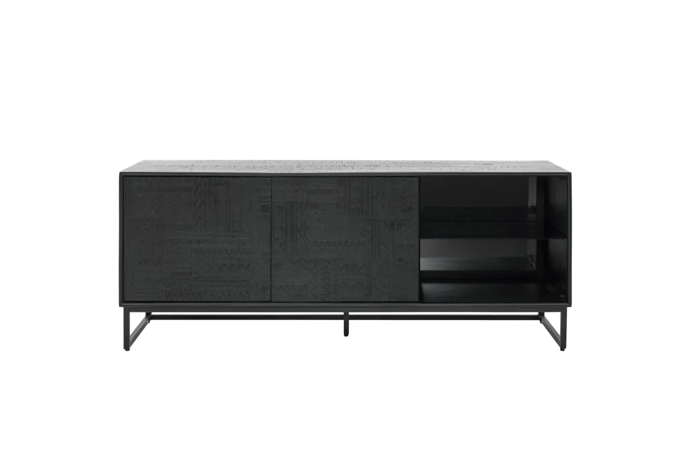 Vitrine Roomio No. 2001 von Roomio Mango massiv gebürstet schwarz gebeizt und lackiert, mit Holzverzierung ca. 160x63x42cm