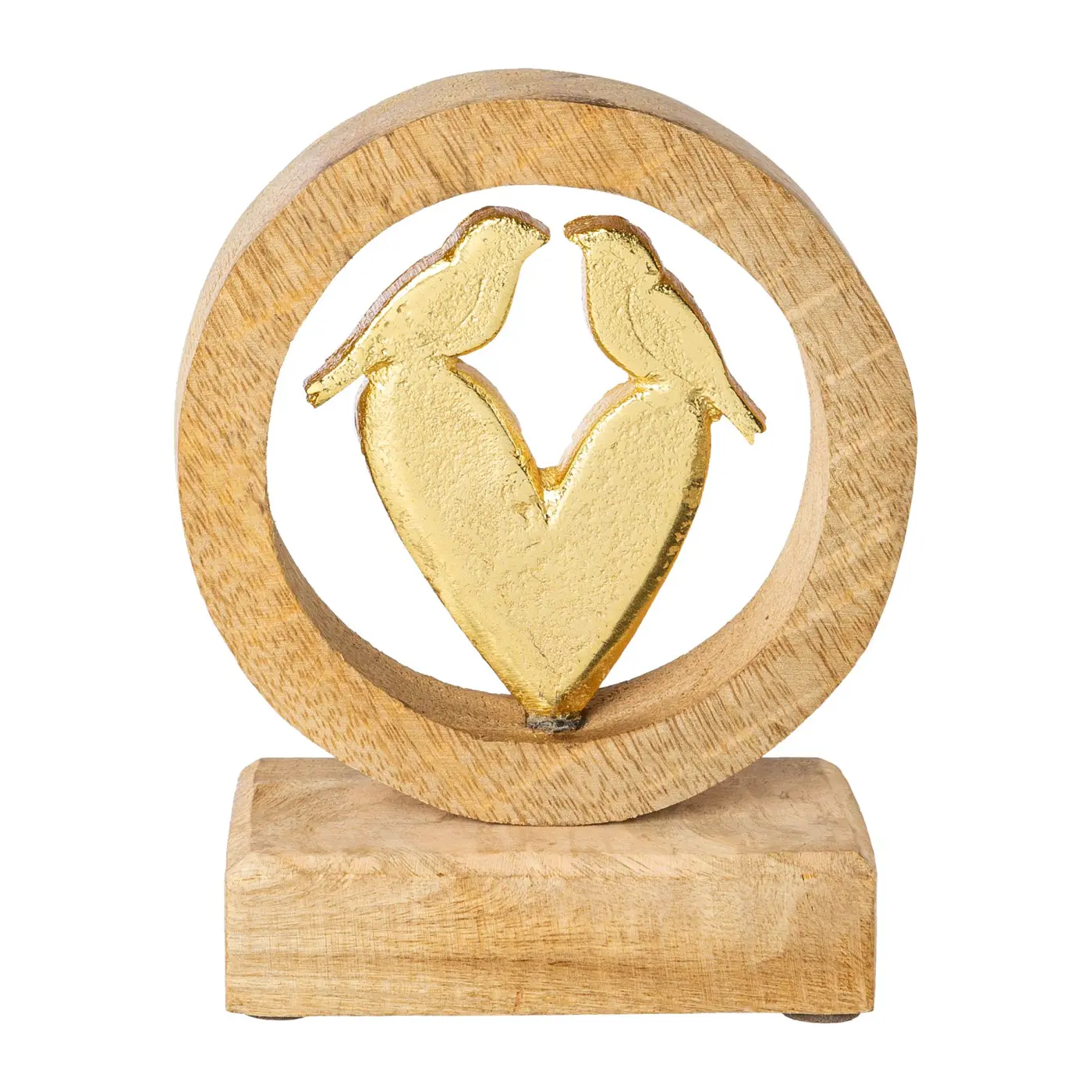 Deko Objekt 15x12x5cm, Herz m. Vögel braun, gold Mangoholz, Massivholz ca. 12x5x15cm