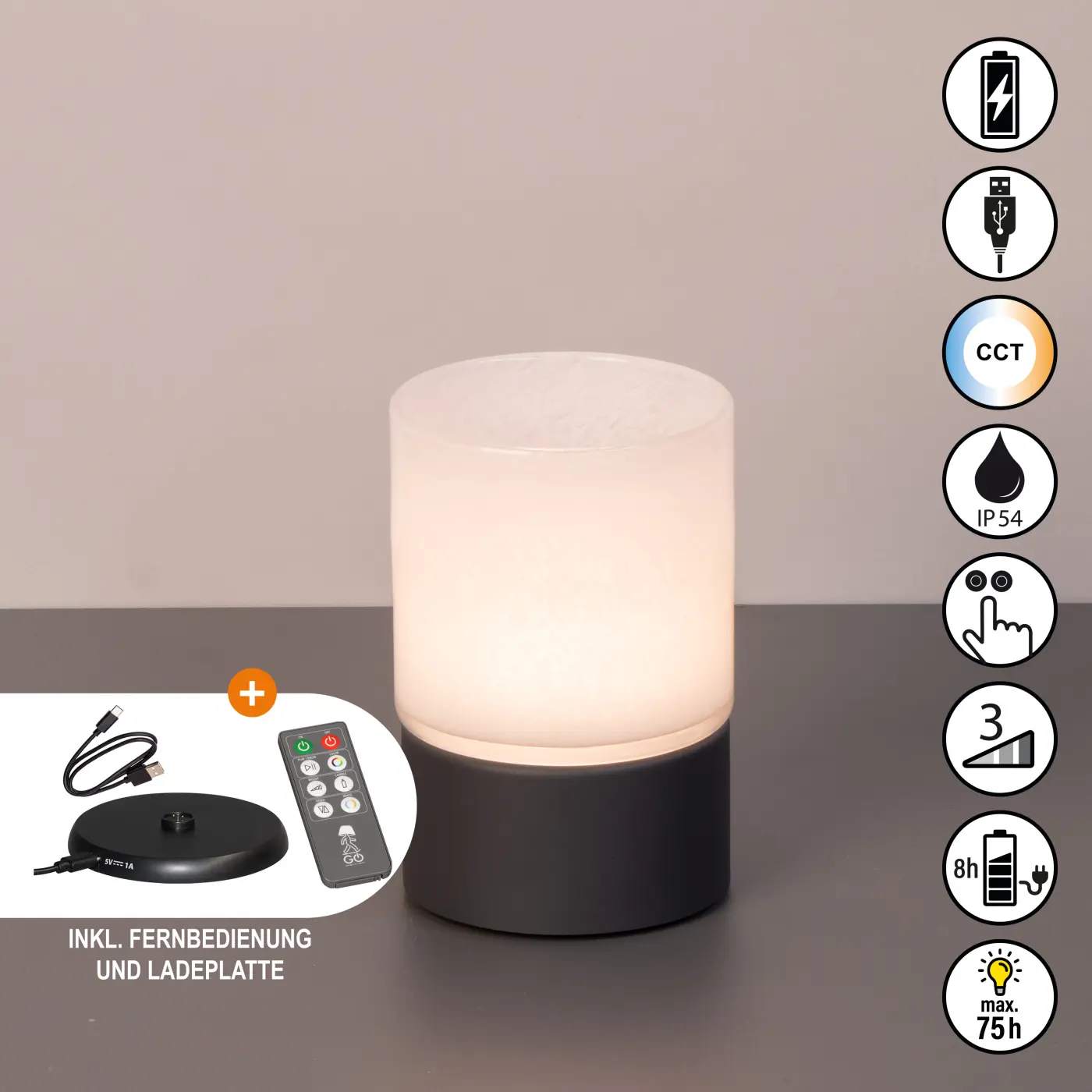 LED-Tischleuchte 24276.. Sandgrau/Weiss Glas/Kunststoff ca. 9,5x14,5cm